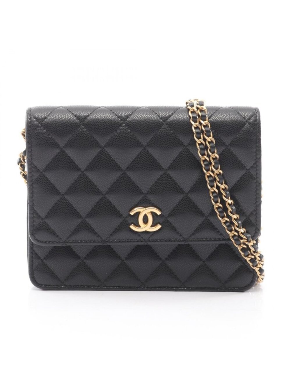 Chanel Shoulder Bag Quilted Black Caviar Leather Chain Wallet